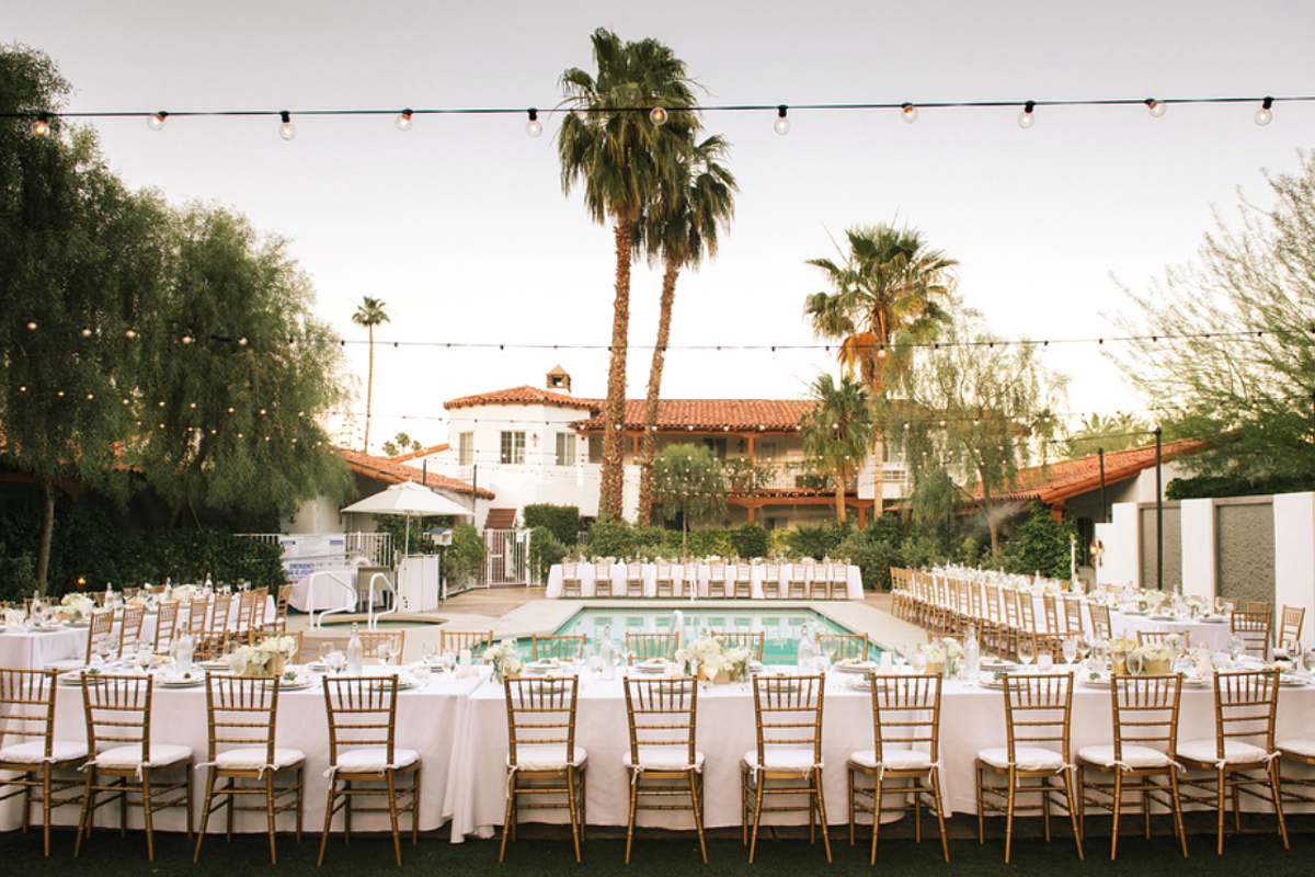 Wedding reception setup by Alcazar pool
